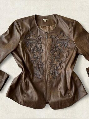 Women's Brown Embellished Faux Leather Jacket